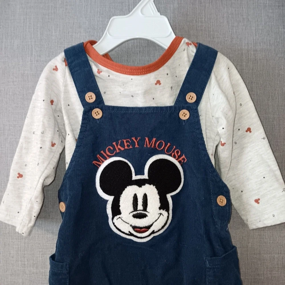 Disney Baby Mickey Mouse Overall Set Corduroy Long Sleeve Shirt 12M Snap‎ Legs